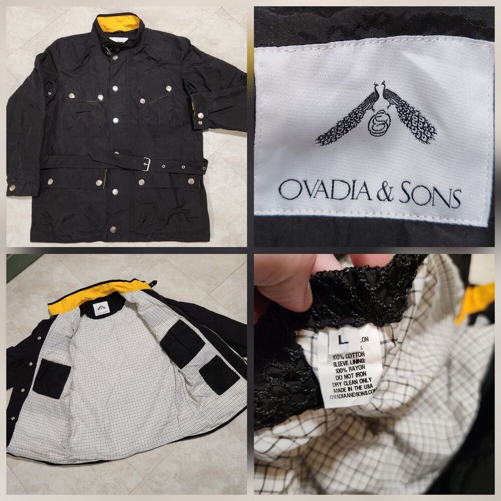 Ovadia & Sons Men L Large Black Nylon Long Belted Buckle Neck Fieldmaster Jacket